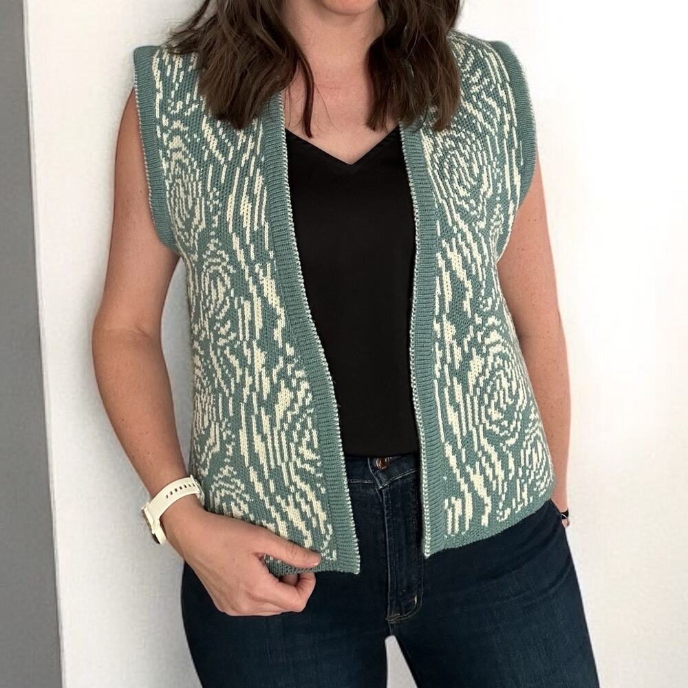 Vintage Hand Knit Sweater Vest Boho Teal Cream Size S/M Festival Hippie Retro - Picture 3 of 7